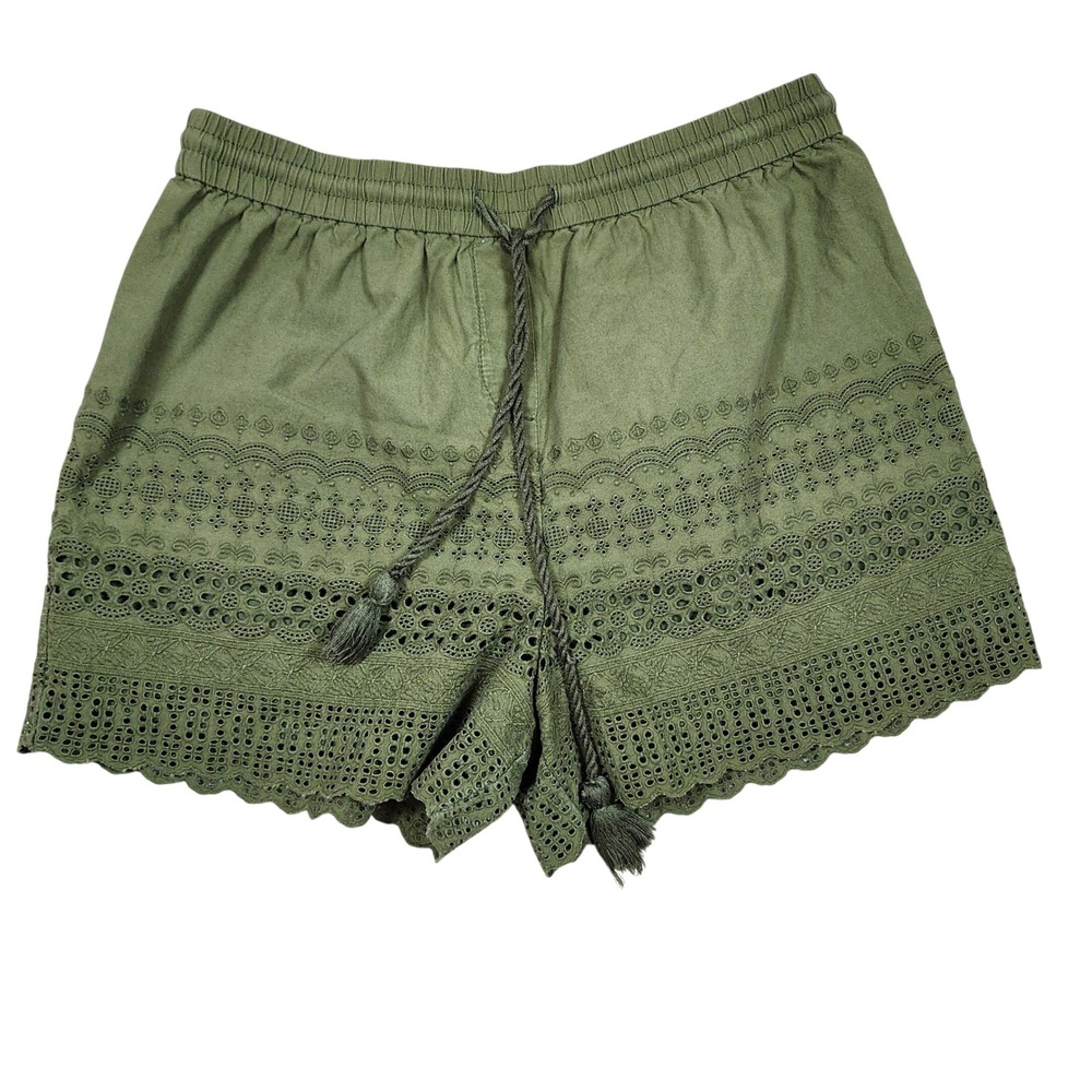 Faded Glory Shorts Eyelet Embroidered Olive Green Boho Tassel 8